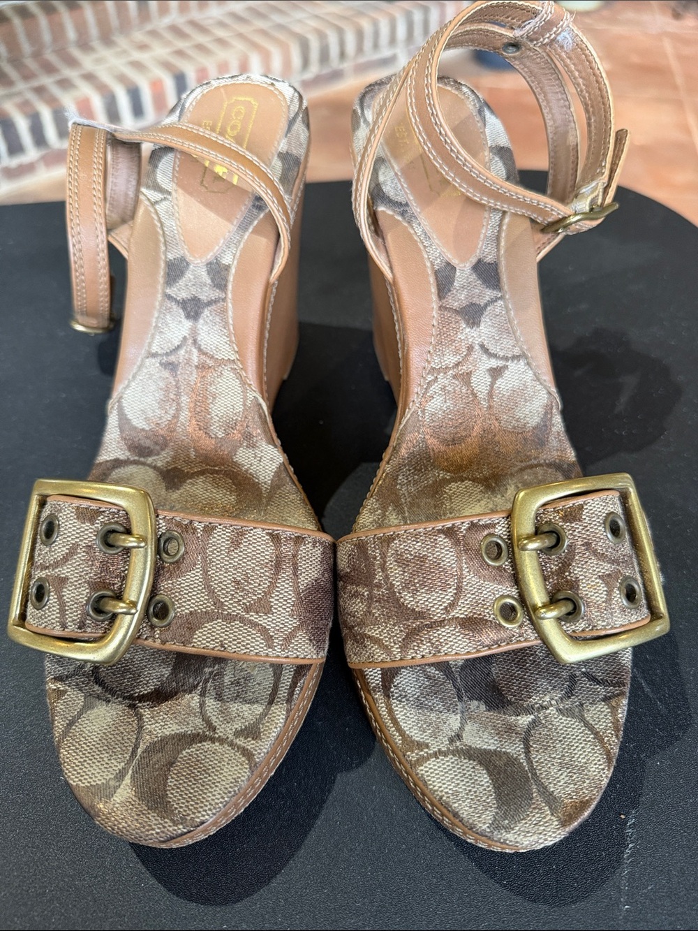 Coach Brown Signature Canvas Wedge Sandals with Gold Buckles